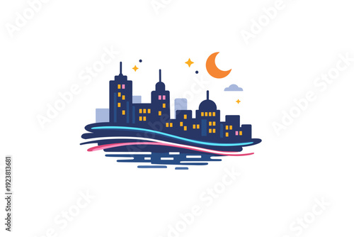 Night photography and long exposure illustrated by a calm skyline with glowing windows and soft light streaks, communicating quiet energy and