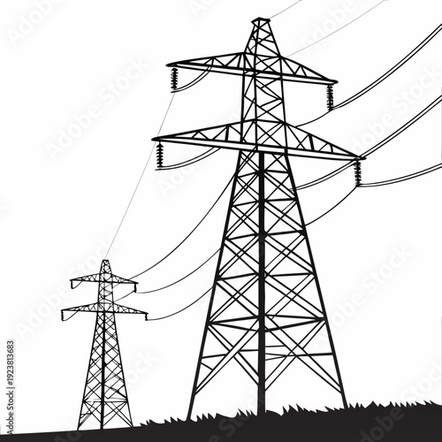 Black and white of two power transmission towers electricity pylons