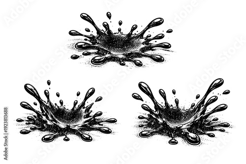 Liquid splash blot illustrated as a single organic object shown in top-facing view, angled side view, and three-quarter view to convey spread
