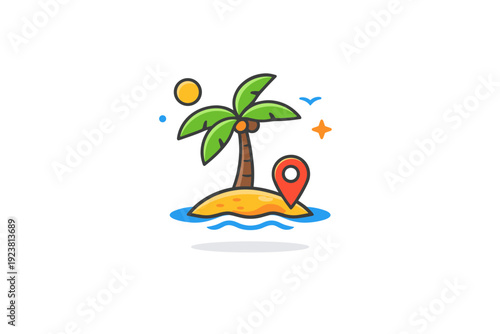 Palm trees exotic destination concept illustrated with a single palm and a small location pin icon, communicating wanderlust, remote places and aspirational