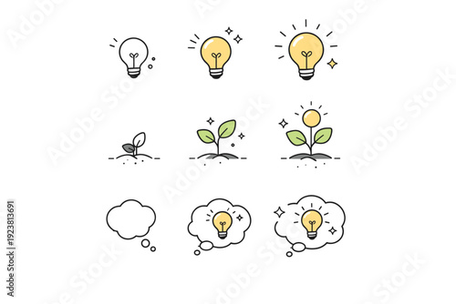 Idea incubation icons. A clean set of icons showing ideas slowly forming, with lightbulbs, seeds, and thought bubbles developing over time. Calm, thoughtful