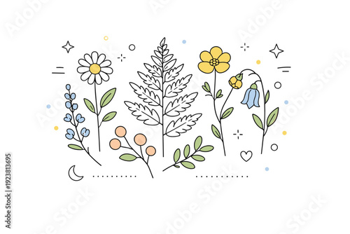 Pressed plants compositions. Delicate pressed leaves and flowers arranged neatly on a clean surface, calm botanical mood with light decorative dots floating