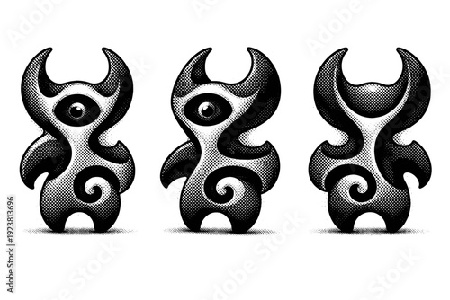 Abstract glyph character An abstract glyph character shown in three views focusing on bold shape logic, solid mass distribution, and subtle
