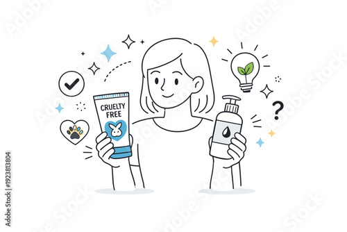 Choosing cruelty-free products. A shopper holds two beauty products, one labeled cruelty-free, abstract decorative stars and lines highlighting ethical
