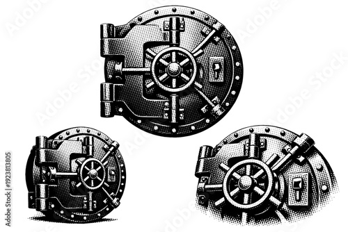 Bank vault reinforced locking wheel door. Black and white dot style with halftone texture and high contrast. Halftone texture with partial