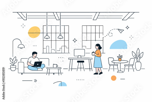 Industrial loft conversion. A former factory floor transformed into a loft-style living and working space with minimal furniture and large