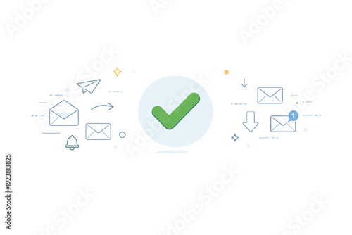 Empty inbox visuals. Abstract composition of envelopes, arrows, and icons fading into open space with a centered checkmark. Visual representation of digital
