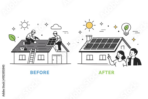 Solar panel retrofit. A rooftop scene showing the installation of solar panels with a side-by-side view of the house before and after,