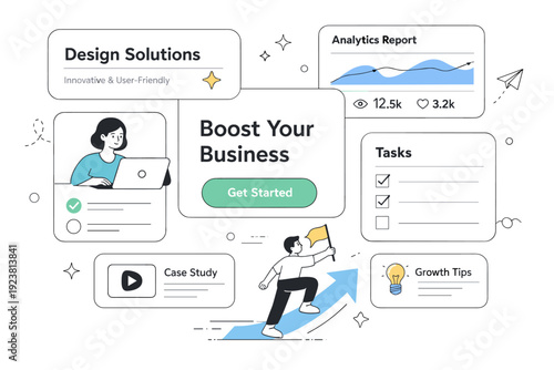 Soft brutalism layouts. Modern editorial illustration showing oversized panels, cards, and typography blocks softened by curved edges and muted colors. The