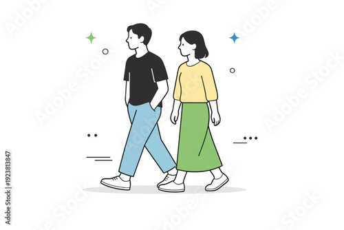 Calmer walking pace. Two people walking side by side without talking, matching slow steps. Parallel presence, soft companionship, unspoken rhythm. Minimalist