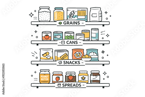 Categorized pantry shelves. Jars, cans, and boxes arranged in clear groups with simple icons. The mood feels tidy, efficient, and visually