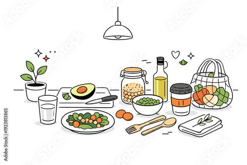 Sustainable lifestyle routines. A minimalist kitchen scene with plant-based food, glass containers, and reusable utensils. Quiet everyday