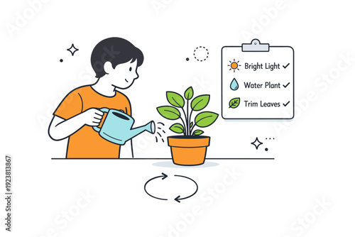 Plant care loops. Person watering a houseplant while checking simple care notes nearby. Calm routine, repeating cycle of attention and growth. Minimalist flat