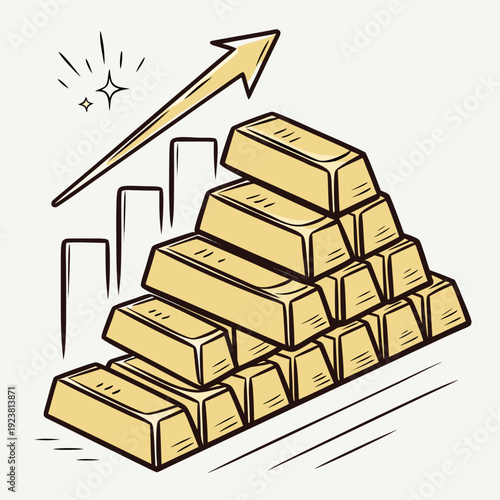 Gold bars stacked in a pyramid with an upward arrow