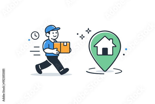 Last-mile delivery. Minimal icon illustration of a courier carrying a small parcel toward a home marker, representing fast and friendly final