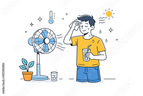 Extreme heat everyday life. Person standing near a fan or air conditioner indoors, relaxed but visibly warm. Coping with heat through simple