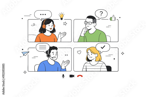 Remote team discussion. People talking and listening during an online meeting, speech bubbles and small icons indicating conversation.