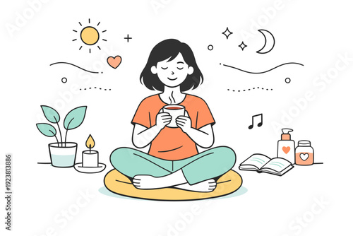 Joy and happiness self care. A person relaxing and enjoying a calm personal moment, expressing contentment and balance. The scene feels slow,