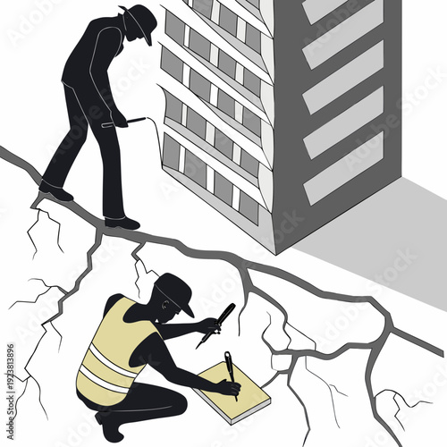 Workers inspecting damaged building with cracks construction