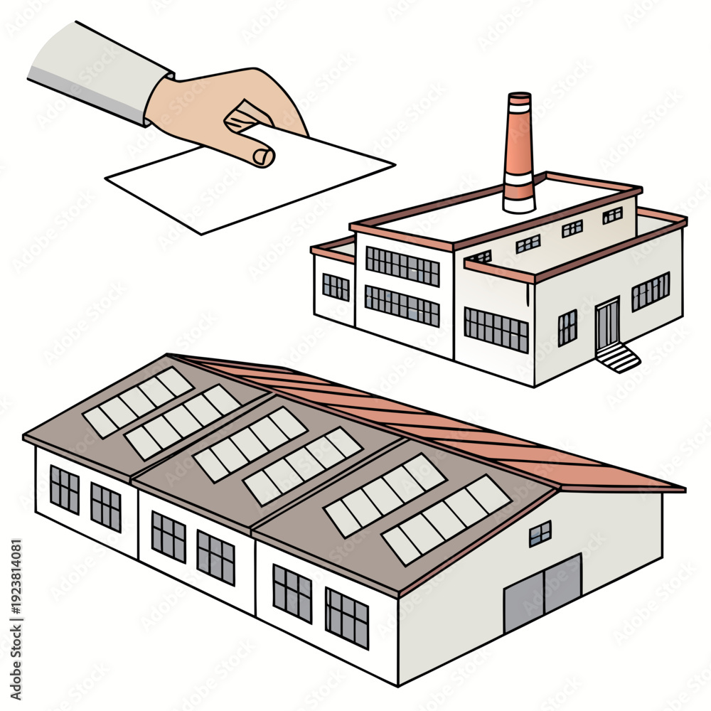Naklejka premium Of industrial factory rooftops with solar panels and a hand