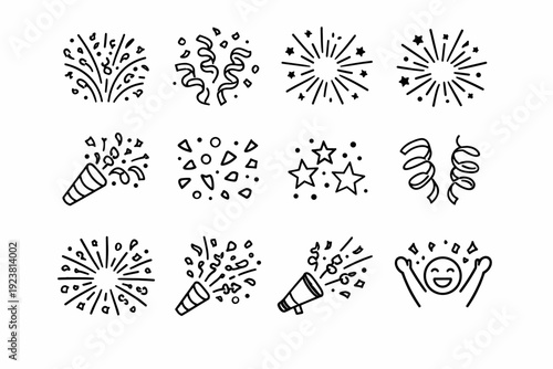 Confetti Explosion. Line icon set of Confetti Explosion: bursting confetti, paper streamers, explosion lines, celebration spark, popper tube,