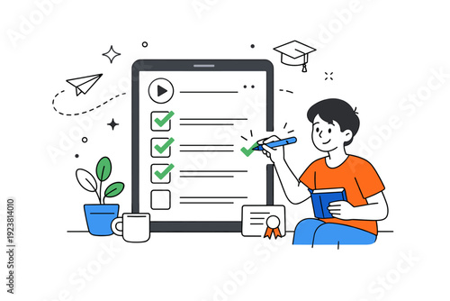 Online courses and webinars. A learner marks completed lessons on a digital checklist. Feeling of progress and motivation with gentle motion accents.
