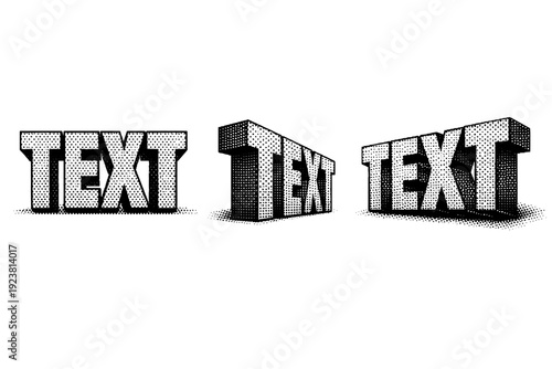 Halftone outlined block typography style shown as a single object presented in three views: front view, side view, and three-quarter view. Black and white dot