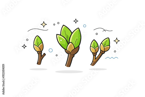 First green buds close-ups as an editorial scene. Buds enlarged and simplified, floating gently in open space. Clean, modern interpretation