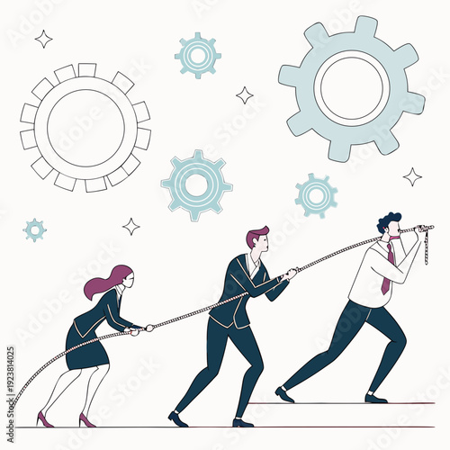 Business team pulling rope with gears in background