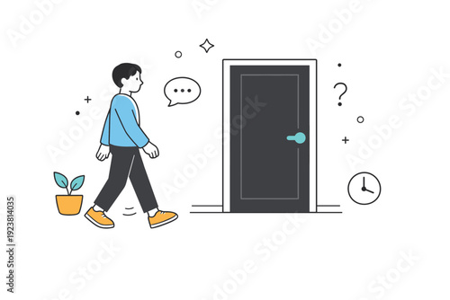 Closed Door Reflection. Closed door moment. A person walks past a closed door in a quiet room, not engaging with it, leaving a choice unmade. The mood is