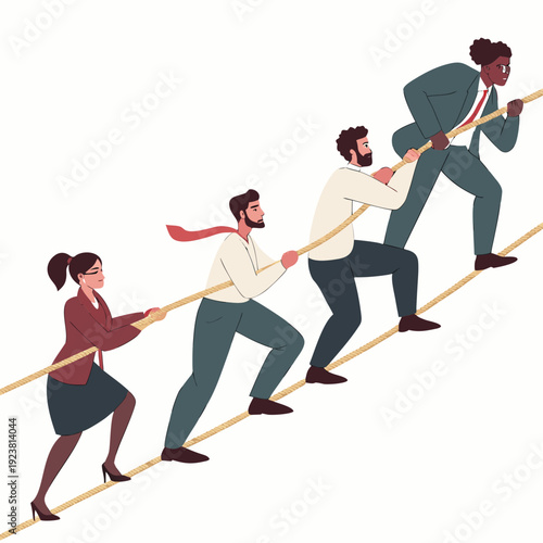 Business team pulling rope uphill together teamwork