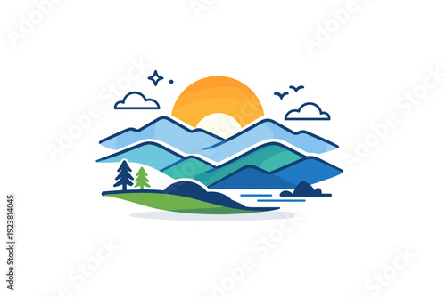 Peaceful landscape expressed through layered mountains fading into the distance with a rising sun, suggesting calm mornings, renewal, and gentle optimism.