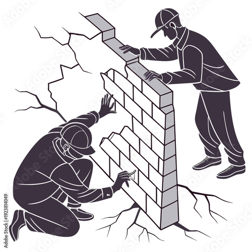Men repairing brick wall with cracks workers construction workers