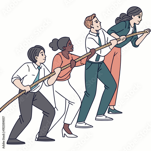 Four people pulling on a rope in a coordinated effort