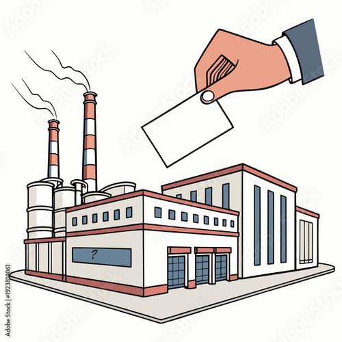 Cartoon factory complex with smokestacks and hand holding card
