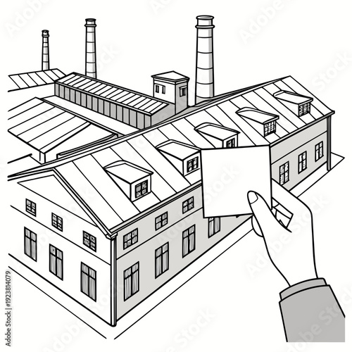 Of industrial factory rooftops with hand holding blank card