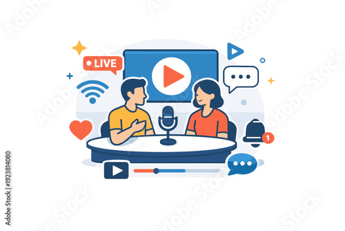 Talk show online broadcast concept combining studio talk with digital elements like play icons and streaming symbols. A contemporary editorial idea of hybrid