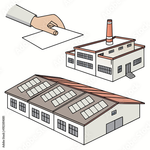 Of industrial factory rooftops with solar panels and a hand