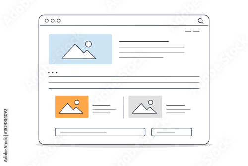 Website content placeholder. Abstract browser window with empty text rows and image frames indicating upcoming content. Calm neutral tone, structured design
