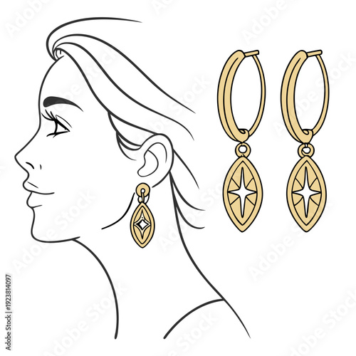 Gold hoop earrings with drop pendant and star on woman's ear