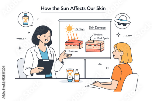 Sun and Skin Health. How the sun affects our skin. Dermatology-style consultation scene with a professional explaining sun impact using simple charts. Calm