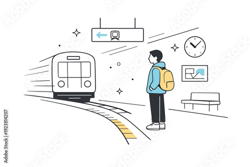 Subway platform waiting scene. A person standing calmly near the platform edge, soft lines suggesting incoming motion and quiet anticipation. Peaceful pause in