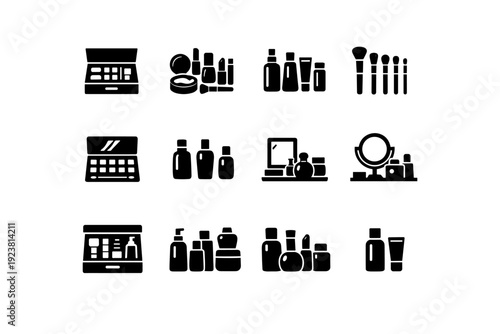 Vanity Drawer Setup. Solid icon set of vanity drawer setup: vanity drawer open, makeup flat lay, product rows, brush alignment, palette arrangement, bottle