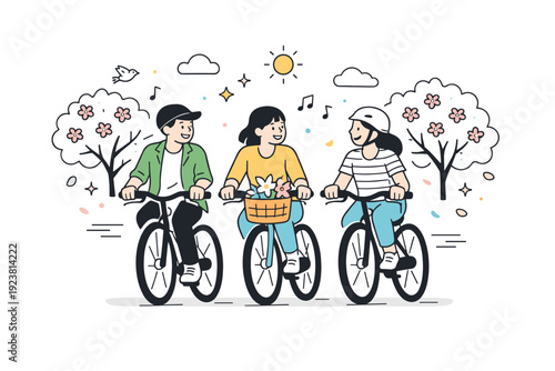 Spring city cycling for fun ? Friends cycling together in the city. Two or three people riding bikes side by side, smiling and chatting, trees in bloom