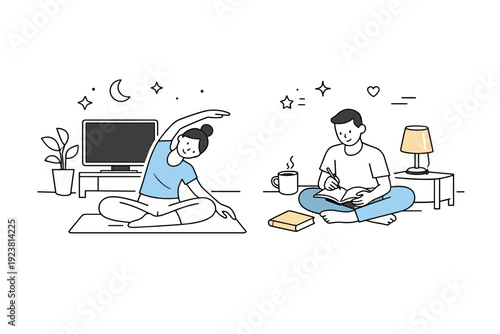 Balanced screen-time habits. An evening wind-down scene with screens turned off, a lamp on, stretching or journaling nearby, calm transition away from digital