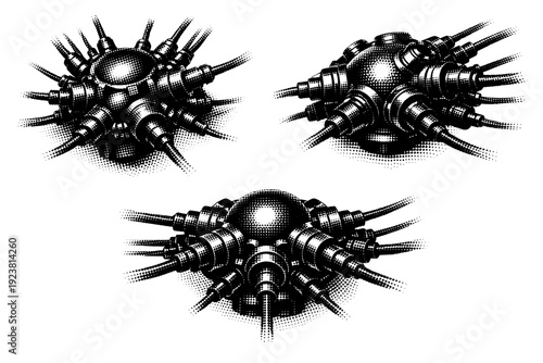 Neural network modular connection hub. Black and white dot style with halftone texture and high contrast. Halftone texture with partial solid