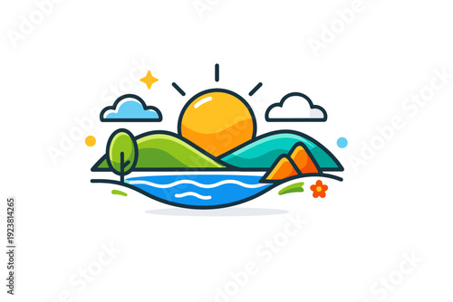 Harmony a peaceful scene with sun, clouds, and gentle landscape elements working together, symbolizing equilibrium, clarity, and natural flow. Minimalist flat