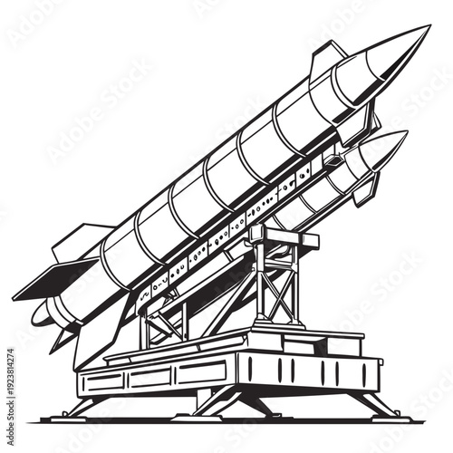 Black and white of a multi missile launch system on a launcher