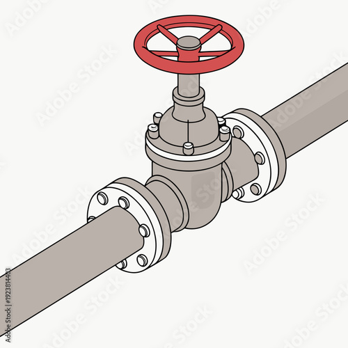 Red valve on gray industrial pipe with flange connections