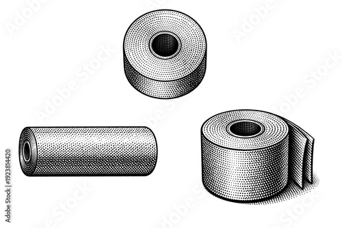 Pattern paper roll illustrated as one object presented in three views: flat top view, side view, and angled three-quarter view highlighting layered paper